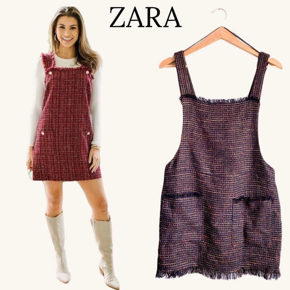 ZARA Tweed Burgundy Overalls Dress Mini Square Neck Sleeveless Classic Preppy S